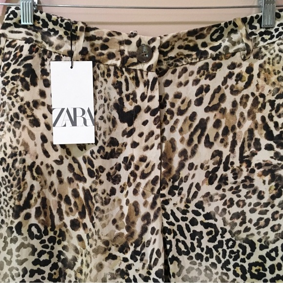 Zara Animal Print Straight Leg pants Trousers Brown Beige Black Size L - Picture 10 of 10